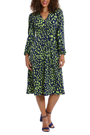 London Times Long Sleeve Ruched Waist Print Dress