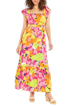 London Times Floral Flutter Sleeve Maxi Dress