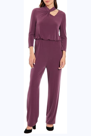 London Times 3/4 Sleeve Cutout Neck Jumpsuit