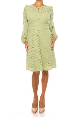 London Times Long Sleeve Keyhole Eyelet Dress