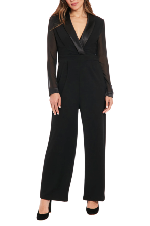 London Times Sheer Sleeve Wide Leg Tuxedo Jumpsuit