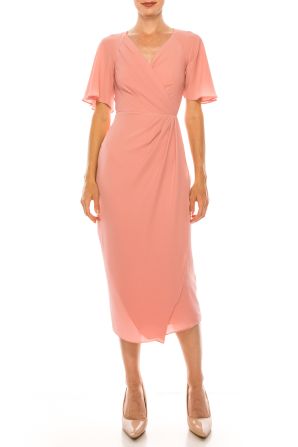 Maggy London Short Flutter Sleeve Wrap Style Midi Pleated Dress