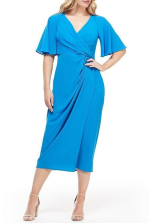 Maggy London Short Flutter Sleeve Wrap Style Midi Pleated Dress