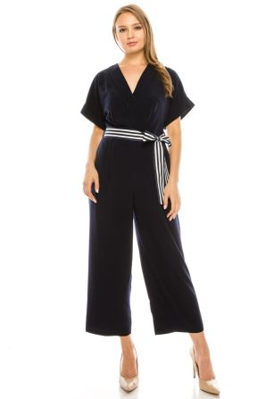 Maggy London Navy Striped Belted Faux Wrap Jumpsuit