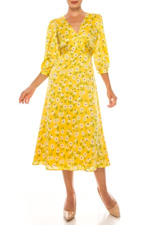 Maggy London Yellow Soft White Floral Print 3/4 Puff Sleeve Midi Dress
