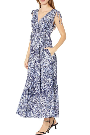 Maggy London Soft White Navy Print Sleeve Tie Gather Tiered Maxi Dress