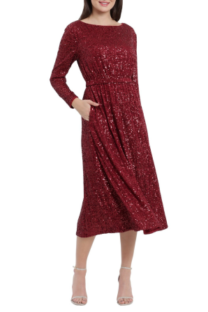 Maggy London Full Sequence Long Sleeve A-Line Midi Party Dress