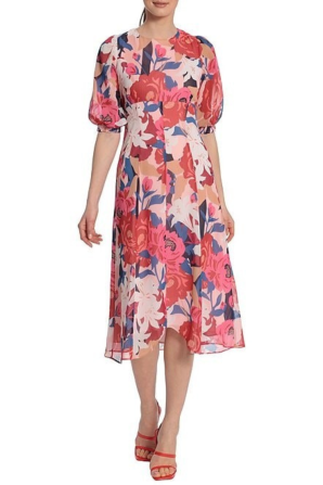 Maggy London Pink Red Floral Print A-Line Midi Dress