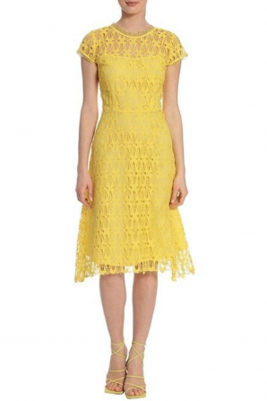 Maggy London Maize Yellow Embroidery Lace Cap Sleeve A-Line Dress