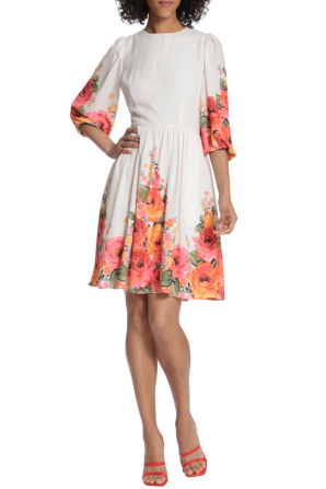 Maggy London 3/4 Sleeve Floral Fit and Flare Dress