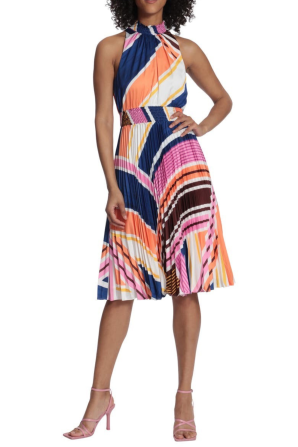 Maggy London Multi Print High Neck Pleated A-Line Dress