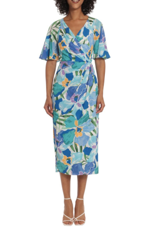Maggy London Floral Faux Wrap Midi Pleated Dress