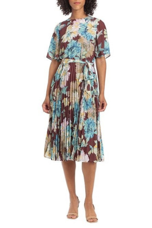 Maggy London Floral Print Pleated Midi A-Line Dress