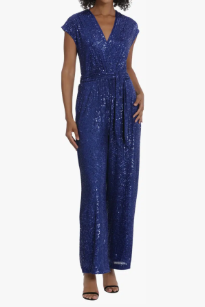Maggy London Cap Sleeve Wide Leg Sequined Jumpsuit