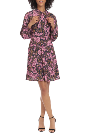 Maggy London Long Sleeve Floral Tie Neck Dress