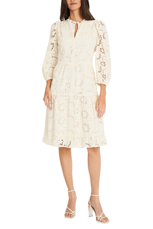 Maggy London 3/4-Sleeve Eyelet Tiered A-line Dress
