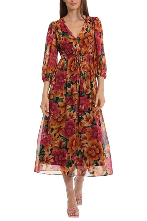 Maggy London 3/4 Sleeve Floral A-Line Midi Dress