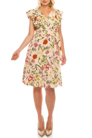 Maggy London Blush Multi Floral Printed Ruffled Faux Wrap Dress
