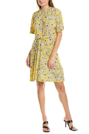 Maggy London Yellow Beige Floral Print Short Doman Sleeve Mock Neck Day Dress