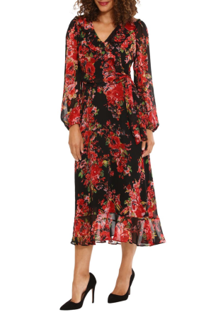 Maggy London Long Sleeve Floral Faux-Wrap Dress