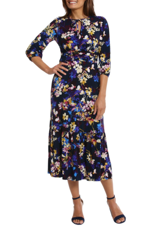 Maggy London Floral Tie-Neck Pleated Waist Dress