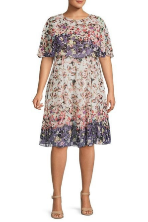Maison Tara Floral Short Sleeve Cape Fit & Flare Dress