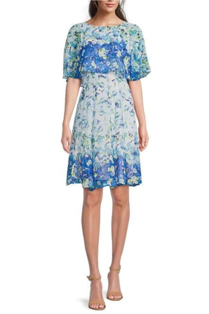 Maison Tara Floral Short Sleeve Cape Fit & Flare Dress