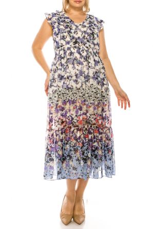 Maison Tara Ivory Lilac Floral Ruffle Cap Sleeve A-Line Maxi Dress