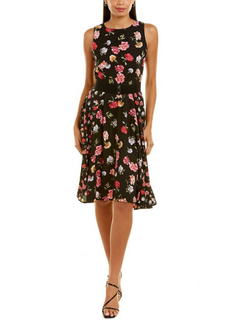Maison Tara Black Pink Floral Sleeveless 2 Side Pocket A-Line Midi Dress