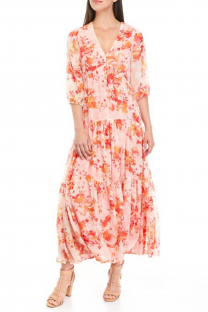 Maison Tara  Floral Print 3/4 Sleeve Tiered Maxi Dress