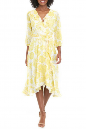 Maison Tara Ivory Daffodil Floral 3/4 Sleeve Wrap Style Midi Dress