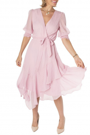 Maison Tara Short Puff Sleeve Wrap Style Uneven Hem A-Line Midi Dress