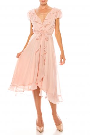 Maison Tara Tea Rose Ruffle Cap Sleeve Wrap Style Midi Dress