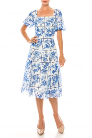 Maison Tara Ivory Royal Blue Square Floral Short Puff Sleeve A-Line Midi Dress