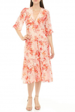 Maison Tara Blush Coral Floral Print 3/4 Sleeve Tiered Midi Dress