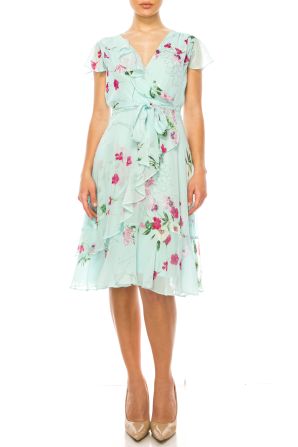 Maison Tara Floral Faux-Wrap Short Sleeve Dress