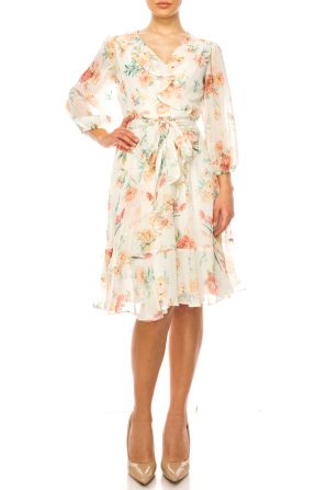 Maison Tara Floral Long Sleeve Wrap Style Dress