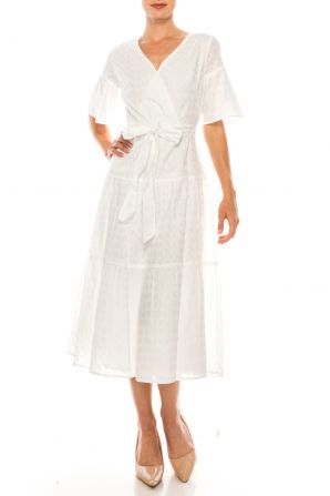 Maison Tara White Short Flare Sleeve Tiered A-Line Midi Dress