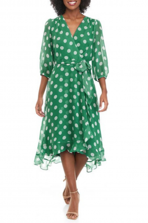 Maison Tara Kelly Green Ivory Polkadot 3/4 Sleeve Ruffle Wrap Style Midi Dress