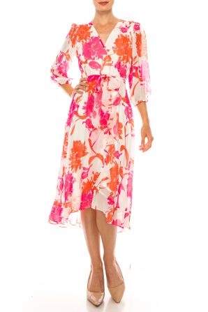 Danny & Nicole Cream Pink Floral 3/4 Puff Sleeve Wrap Style Midi Dress