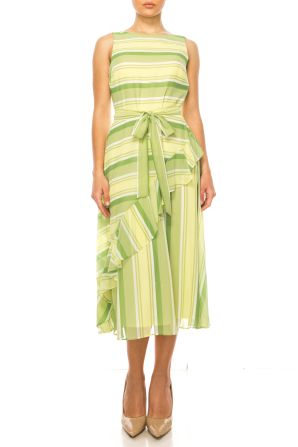 Maison Tara Striped Belted Sleeveless Midi Dress