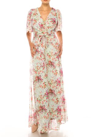 Maison Tara Floral Belted Short Sleeve Maxi Dress
