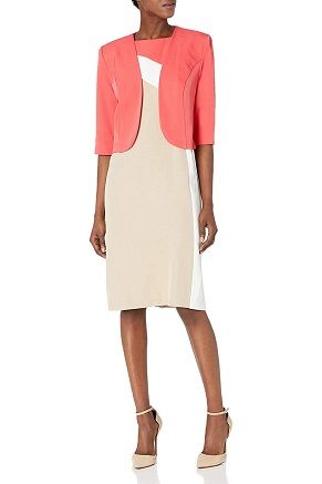 Maya Brooke Coral Beige Color Combo 3/4 Sleeve Jacket Dress
