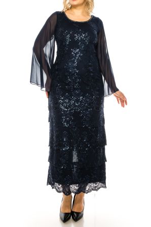 Maya Brooke Navy Tiered Sequin Wide Chiffon Sleeve Evening Dress