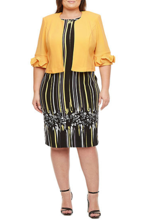 Maya Brooke Yellow Black Ruffle Crop 2 Piece Jacket Dress