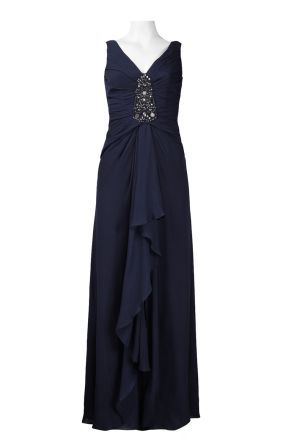 Sleeveless Curved V-Neckline Rhinestone Front Silk Chiffon Dress
