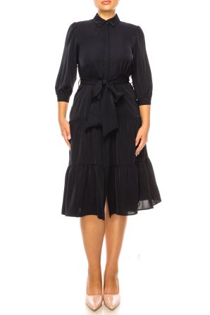 Nicole Miller 3/4 Sleeve Belted Shirt Tiered Dress