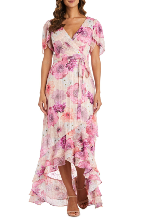 Nightway Pink Floral Metallic Flutter Short Sleeve Hi-Lo Sheath Evening Dress