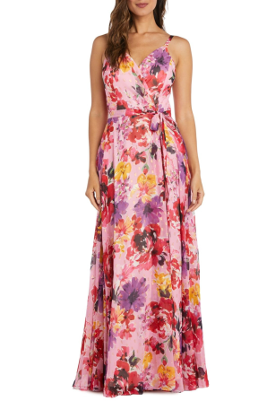 Nightway Pink Floral Print Mock Wrap Formal Dress