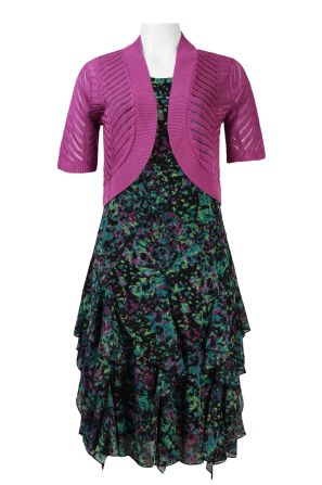 Nina Leonard Ruffled Hem Chiffon Dress with Half Sleeve Curved Knit Jacket